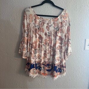 Women's Paisley Print Top - Cream and Blue